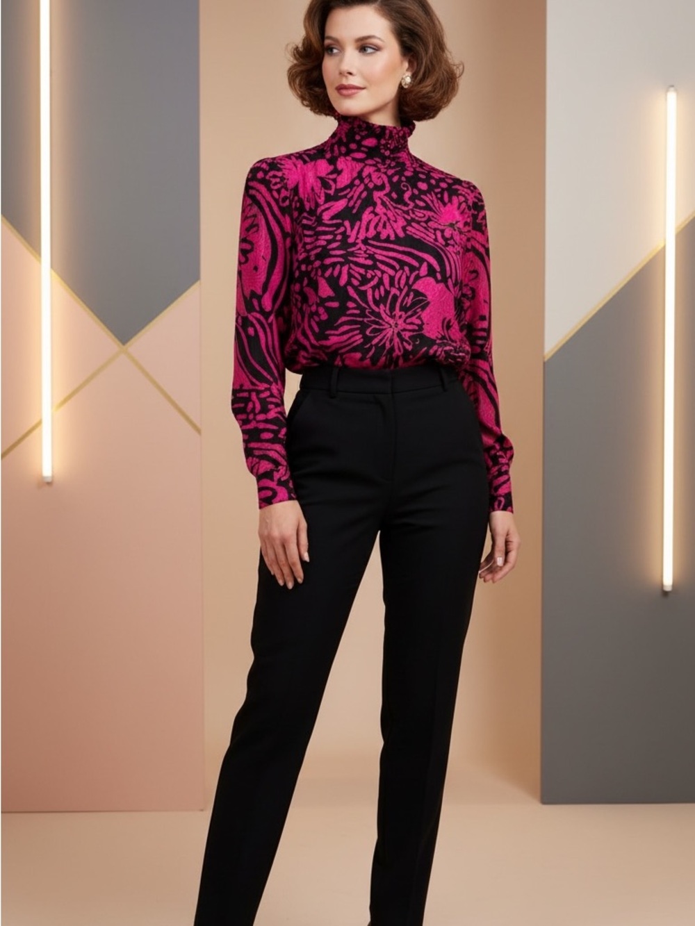 Vintage Christian Dior Size 12 Hot Pink Black Abstract Floral High Neck Blouse